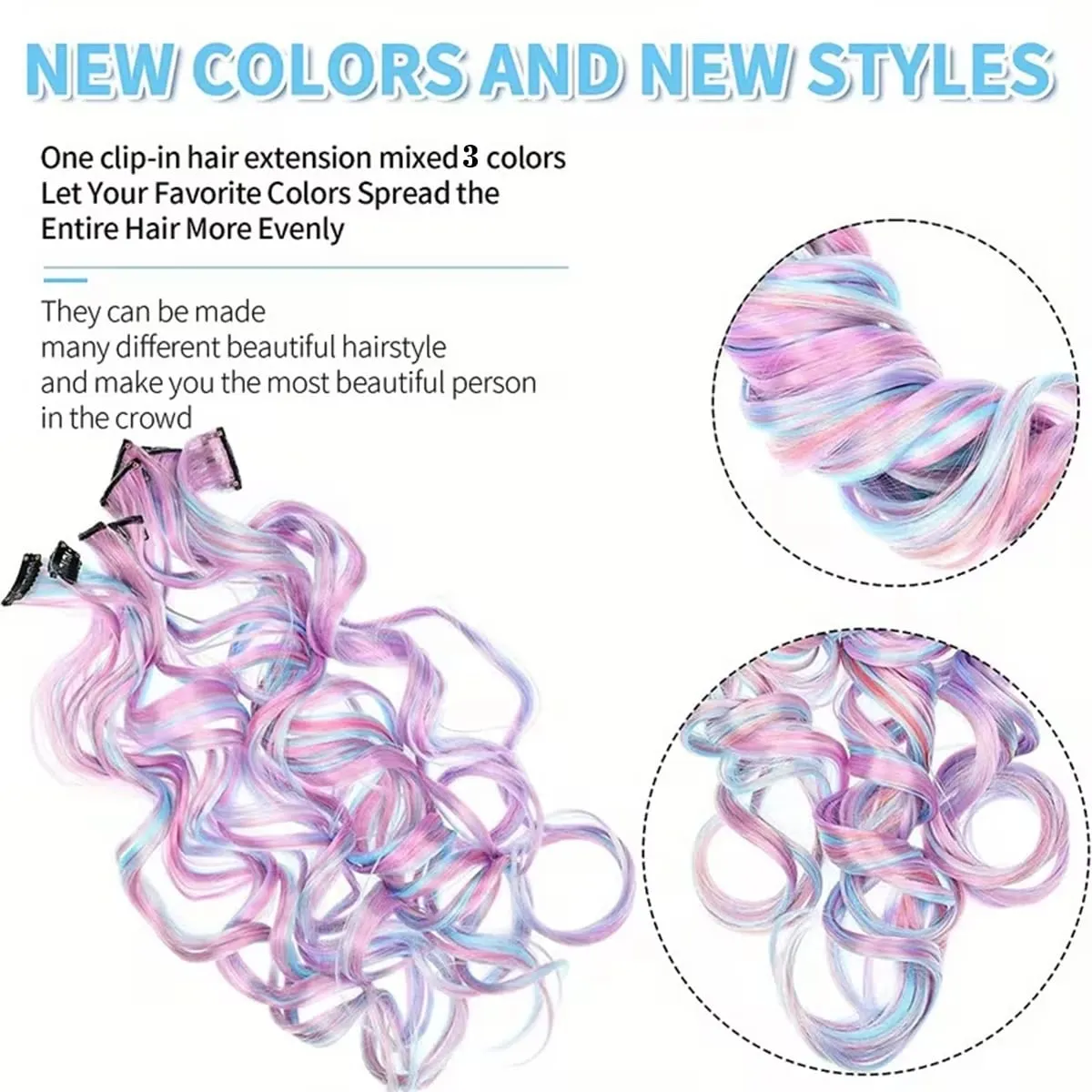 Synthetic 5Pcs Clip In Hair Extensions Colorful Ombre Curly Wig Rainbow Highlight Hair Clip On Hairpieces For Women Girls
