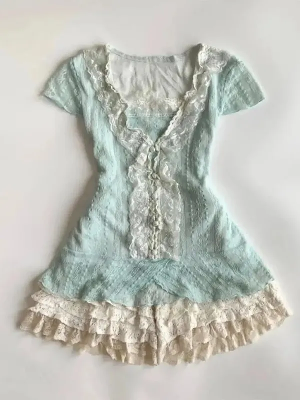 Dámské Y2K Vintage krajkové patchworkové šaty Dvoudílná sada Letní Elegantní Retro Cardigan + Sladká móda Úzké minišaty bez rukávů