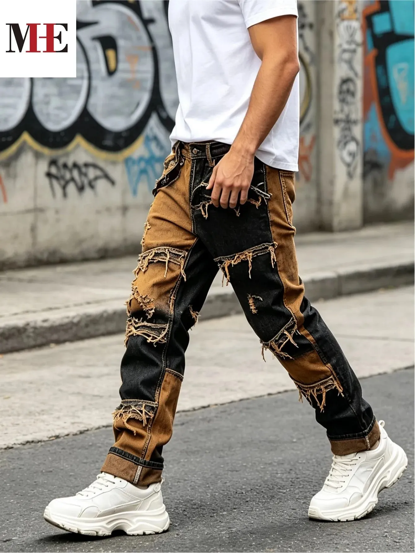 【HME】Men's Jeans | Straight‑Fit Deconstructed Denim Pants vintage Mud‑Wash Two‑Color Spliced Denim Trousers Exposed Frayed Tassel Seams Classic Five‑Pocket Construction Durable Fabric Fashion Men Casual Pants — image 2