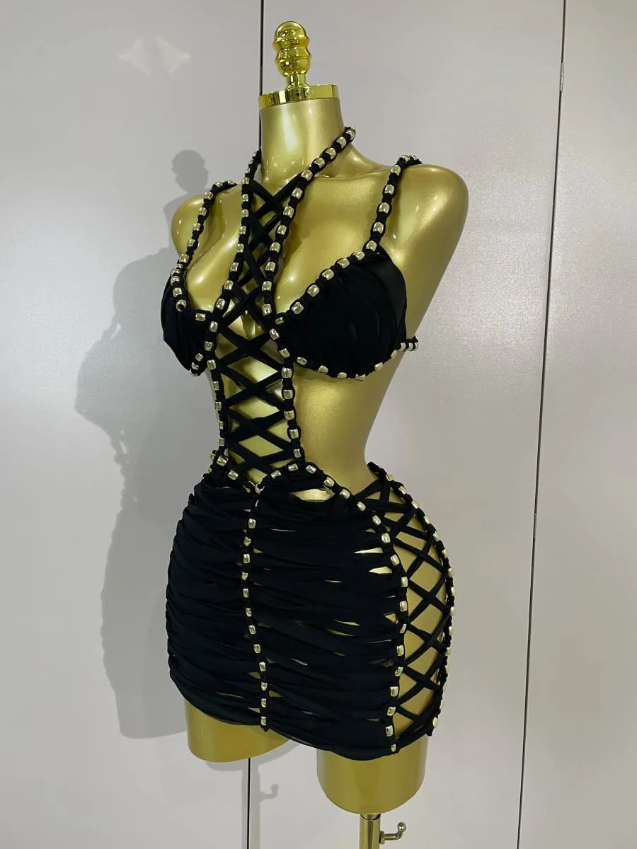 Sexy Black Halter Neck Perspective Hollow Mini Dresses 2026 Women Summer Backless Nightclub Party Evening Club Performance Dress