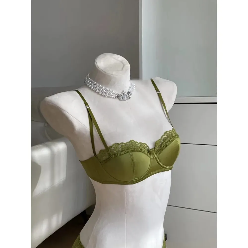 Set Lingerie Setengah Cangkir Prancis Wanita Bra Pakaian Dalam Tipis Tipis Musim Panas Tali Tipis Push-Up Berkawat Lembut 32-38AB