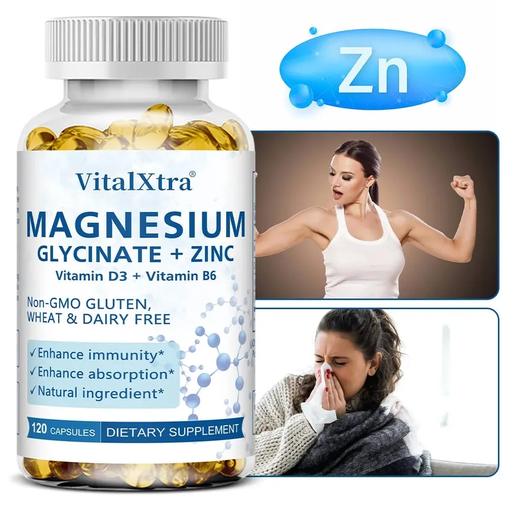 Magnesium Glycinate + Zinc Supplement - Supports Bones Immune System Heart Health Mineral Supplement Helps with Natural Sleep