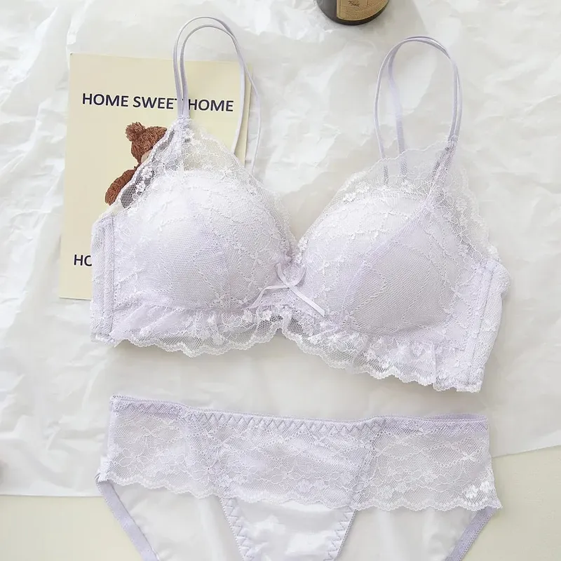 Sweet Sheer Lace Lingerie Set Double Straps Wireless Bra for Small Bust Lift & Gather — image 6