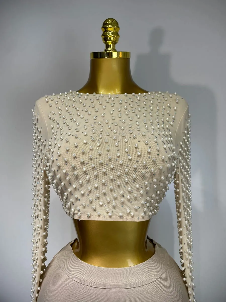 Dámské Sexy Síťovina s dlouhým rukávem Perleťový Top Celebrity Midi Dámská Bandáž Set 2025 Designer Evening Party Luxusní dvoudílná sada k narozeninám