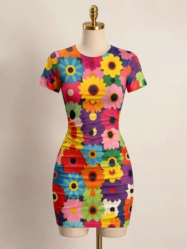Womens Short Sleeve Bodycon Mini Dress Slim Fit Crew Neck Floral Print Casual Summer Party Cute Sweet Slimming Vacation Sundress — image 14