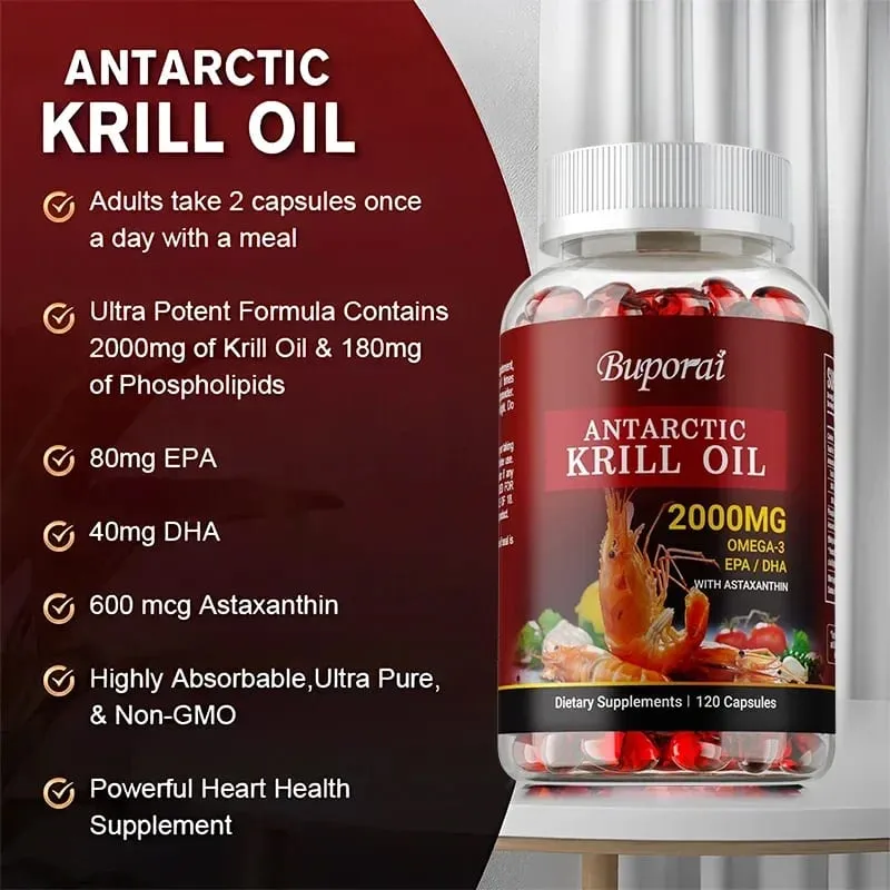Antarctic Krill Oil 2000MG - Contains Astaxanthin Promotes Brain and Heart Health Antioxidant Metabolism and Boosts Immunity