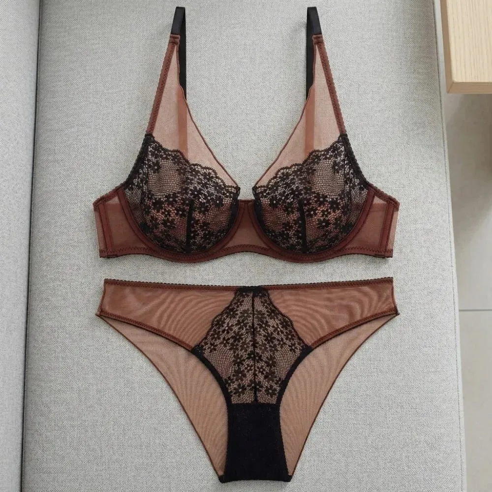 Sweet Mesh Lace Flower Bra Set Lingerie Underwear Push Up Bra Women Seamless Brassiere Mesh Bra Panties Kit Lady