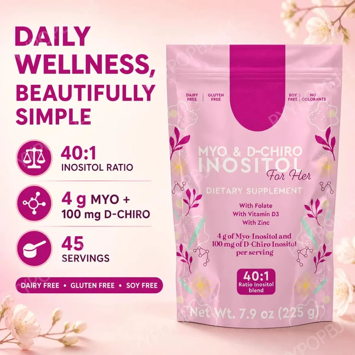 Myo Inositol & D-Chiro Inositol Powder 40:1 Ratio 225g 45 Servings with Folate Vitamin D3 and Zinc Daily Nutrition — image 1