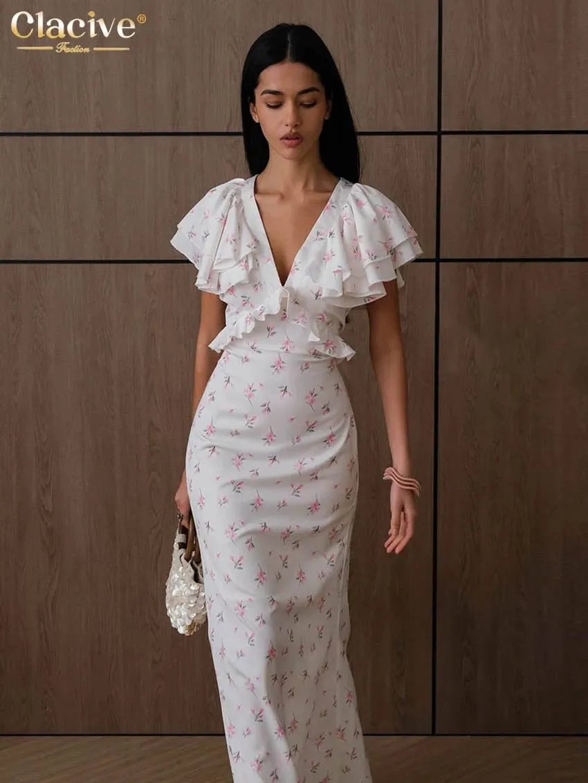Clacive Sexy Loose Print Women's Dress 2026 Summer V-Neck Short Sleeve Ankle Length Dresses Elegant Classic Ruffles Female Dress