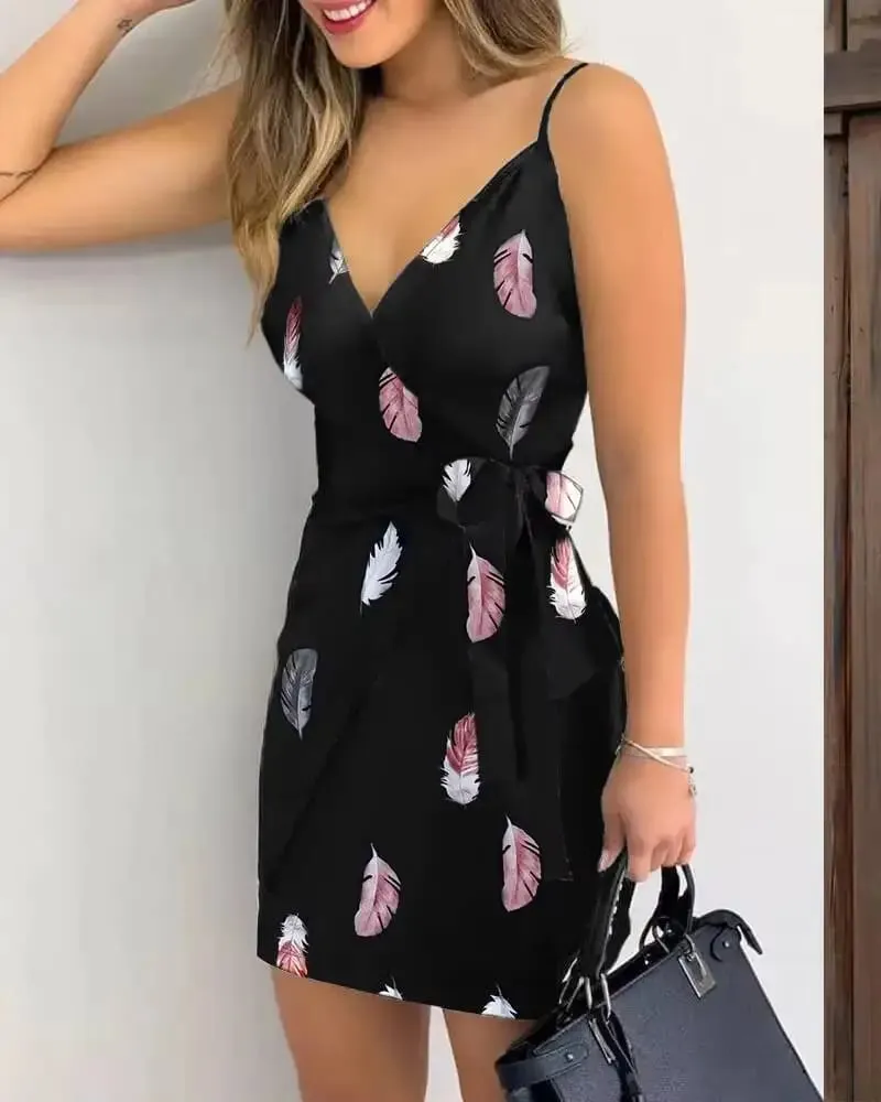 Mini Dress Spring Summer Women Black Satin Feather Print Spaghetti Strap Deep V Wrap Belted Casual Sexy Vacation Dress — image 4