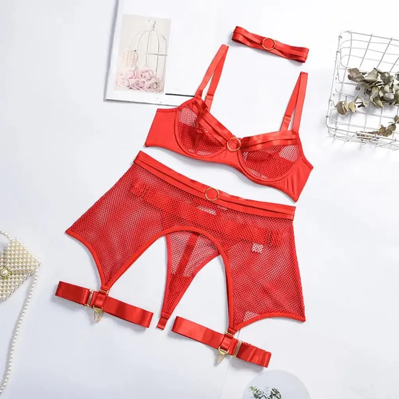 Underwear Set Polyester Mesh Lingerie Set Women See Through Bralette for Valentine's Dates Night