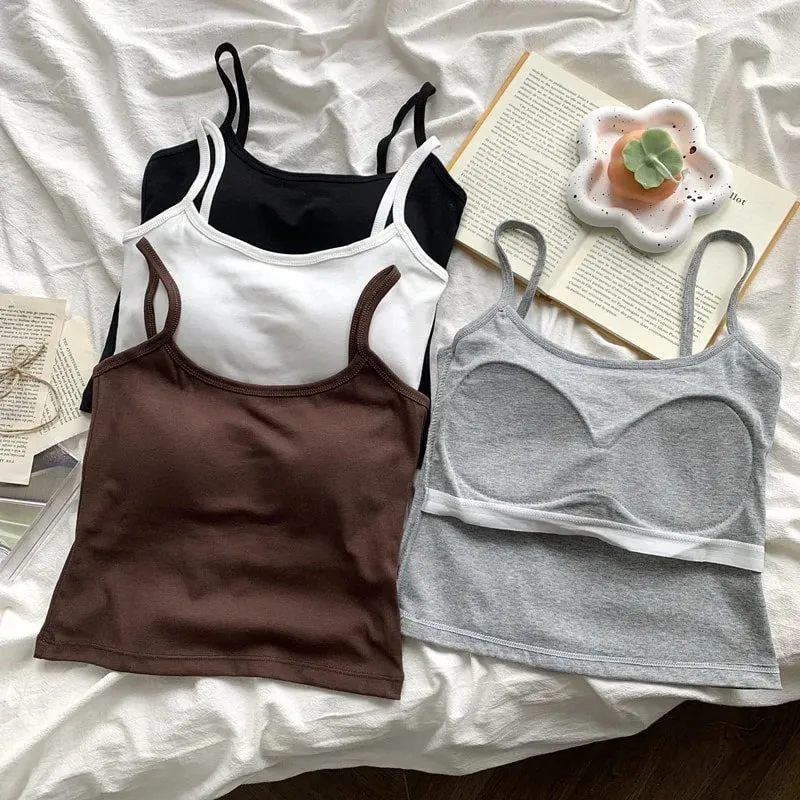 1PC Women's Solid Color Spaghetti Straps Sleeveless Slim Camisole With Chest Pad
