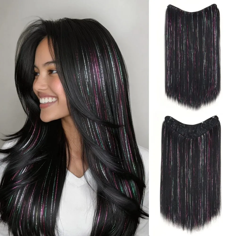 24Inch High‑Temp Fiber Straight Synthetic Long Hair Extensions Mixed Shiny Laser Tinsel Strands Hairpiece Women Party Halloween