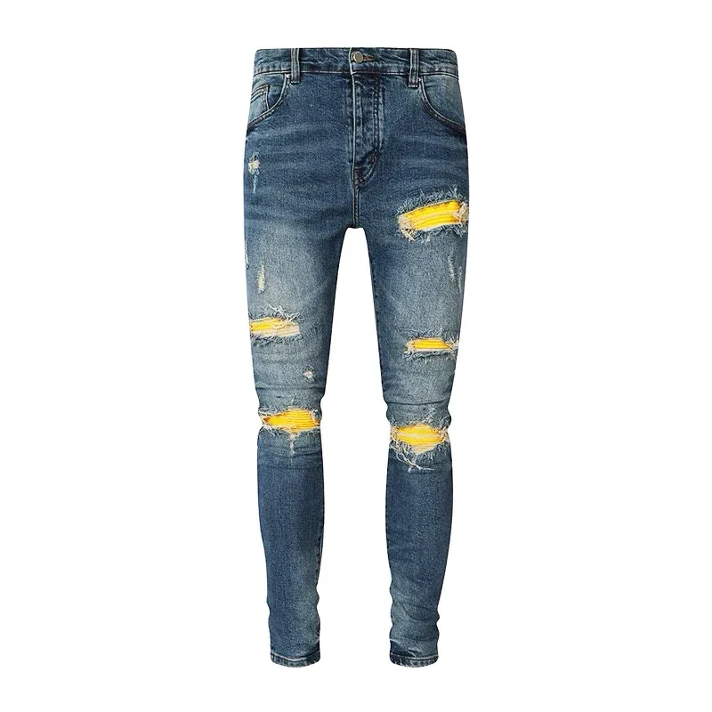 Fashionable New Men's Retro Blue Jeans With Pleated Elastic Perforated Blue Leather Patch Tight Tapered Pants Y2K