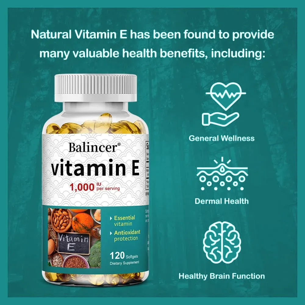 Natural Vitamin E Capsules Antioxidant Supplement Support Skin Hair Nail Heart Brain Cardiovascular & Immune System Wellness
