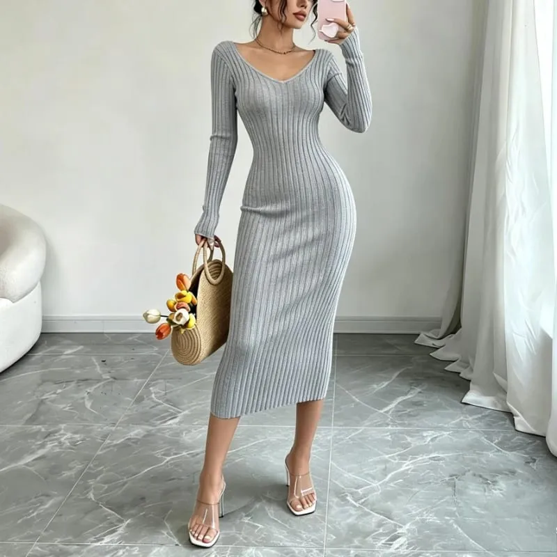 Women Solid Color V‑Neck Ribbed Knit Maxi Sweater Dress Elastic Long Sleeve Bodycon Dress Ladies Casual Party Fashion Dresses