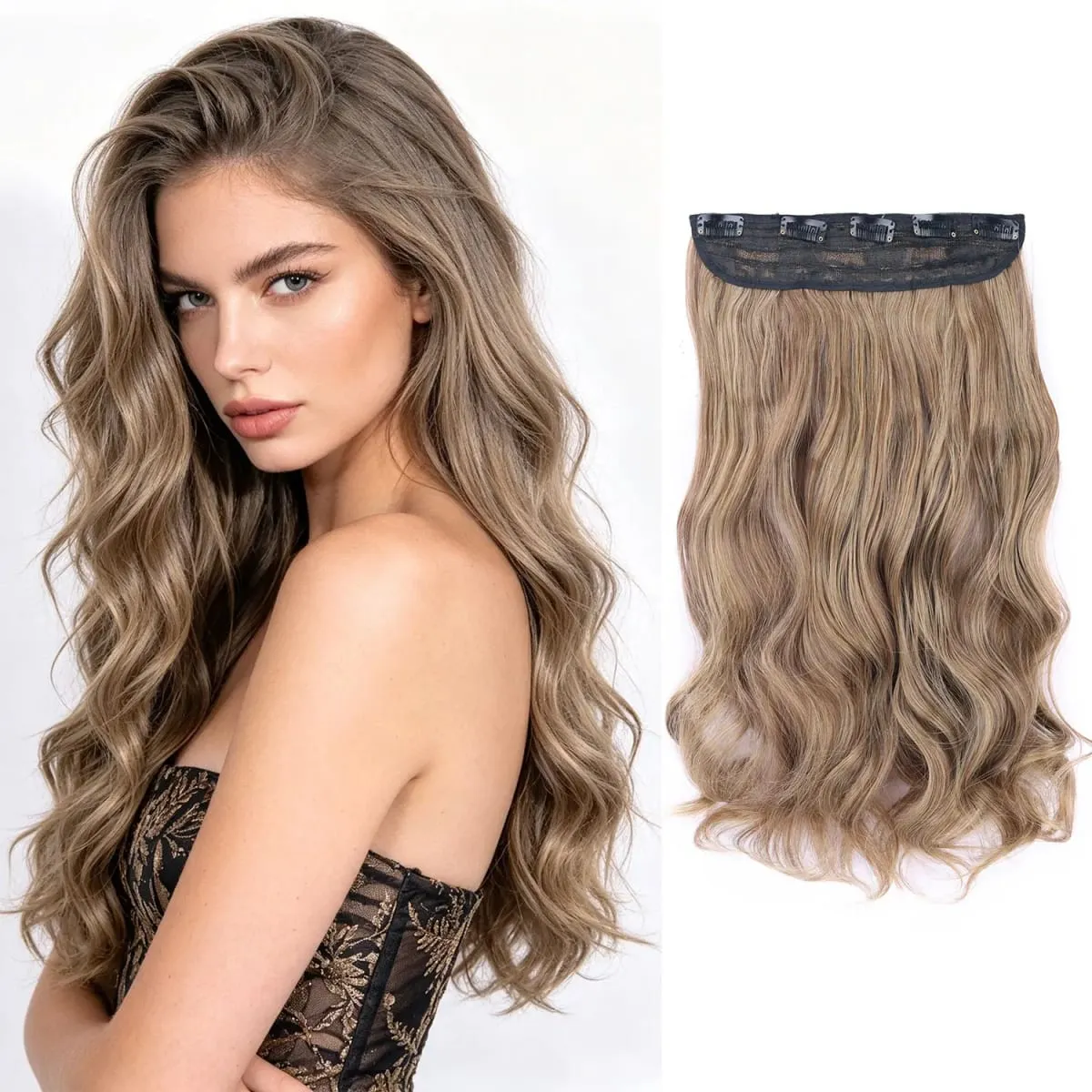 Synthetic clip in hair extensions 5 clips in one piece high temperature fiber wavy hairpieces for women daily party holiday