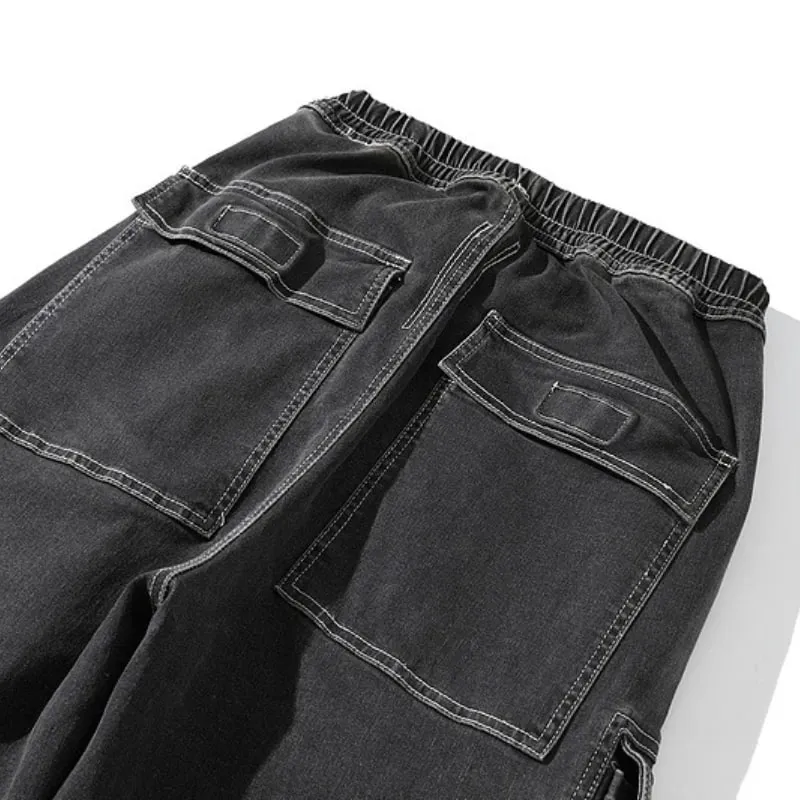 Rick RO style water-washed smoky gray gradient multi-pocket workwear straight-leg casual drawstring wide-leg bootcut loose jeans