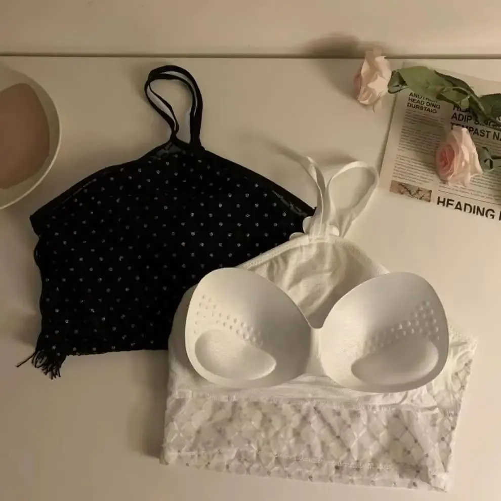 Decorative Halter Top with Padded Cups Long Tassel Pearl Sparkling Diamond Retro Millennial Style Sexy Halter