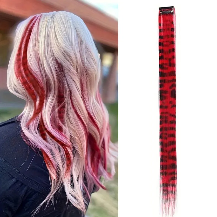 Stripe Printed Clip in Hair Extensions Colorful Synthetic Hair Highlights 18 Inches Straight Wig Hairpieces for Daily Use Party