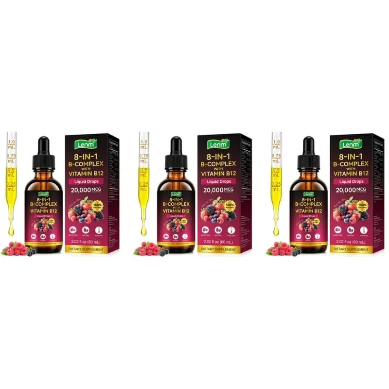 Lenm B Complex Liquid Drops 8-in-1 with B12 2000mcg B1 B2 B3 B5 B6 B7 Folate for Energy & Metabolism Support Sugar-Free 60ML