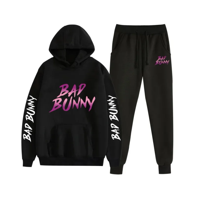 Harajuku Comfortable bad bunny Print Sweatshirt Sweatpants Suit Women's Hoodies+ Trousers Suit Boys/Girls 2 Piece Set Clothes