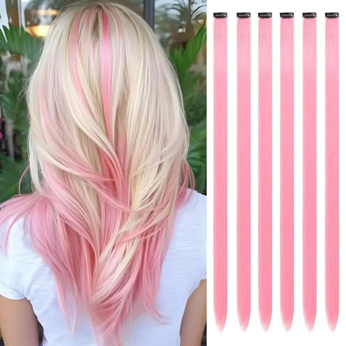 6 Pcs Clip Extensions Synthetic 24 Inch Colored Hair Extensions Party Highlights Long Straight Hairpieces for Women Kids Girl