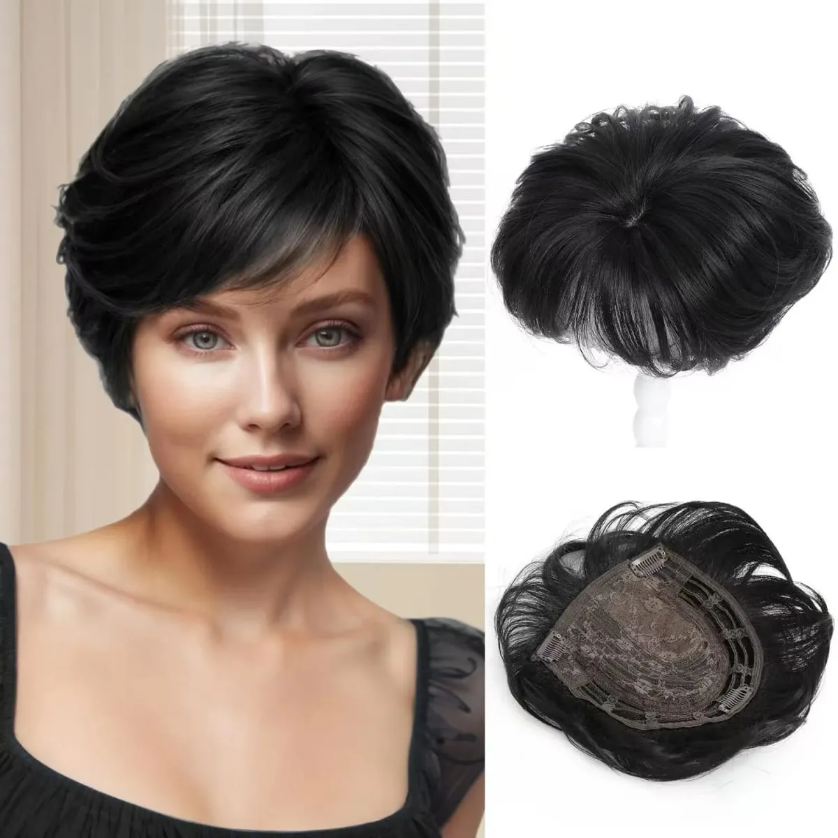 Short Hair Toppers for Women Fluffy Wavy Clip In Hair Topper Synthetic Natural Hair Piece for Thinning Hair Loss Coverage