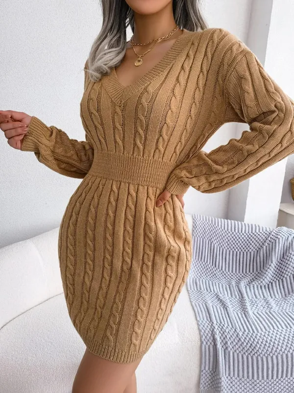 VigoCasey 2026 V Neck Casual Short Knit Dress Autumn Winter Women Solid Long Sleeve Dress Lady Khaki Bodycon Knitted Dresses