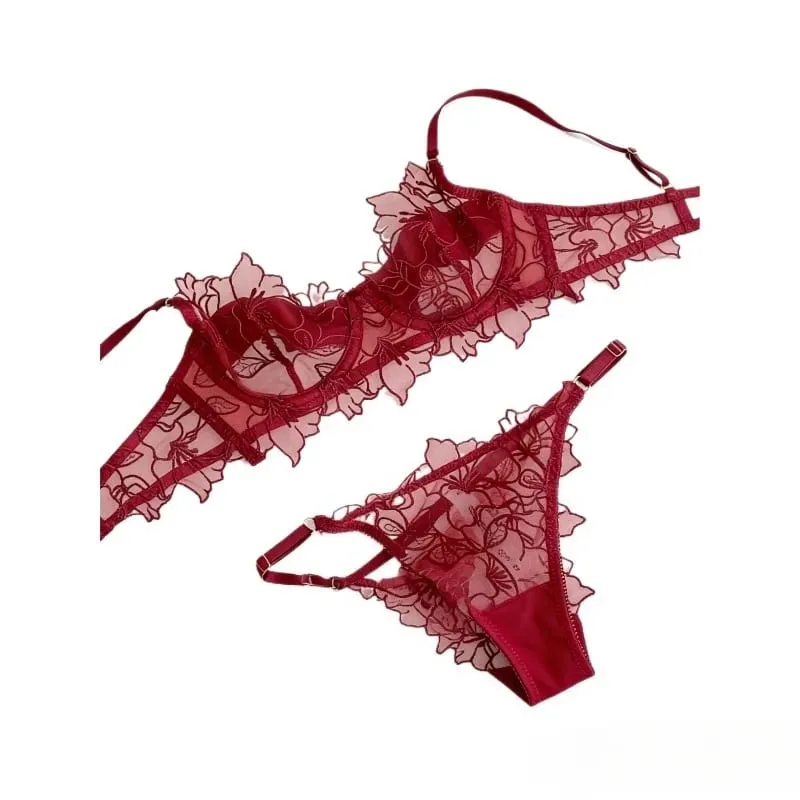 Padded Bra Set Small Bust | Lace Embroidered & Mesh Underwear Set with Soft Underwire Comfortable Demi Cup Sexy Tushy Panty PP