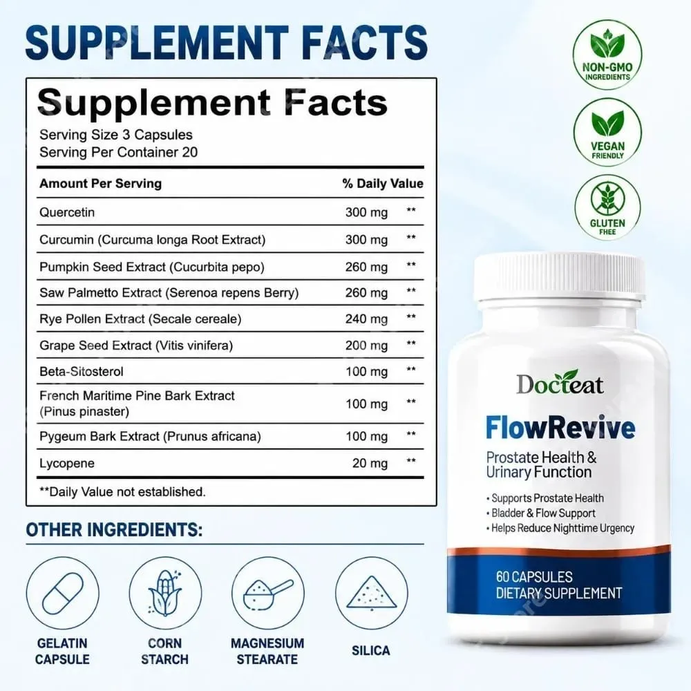 Saw Palmetto Prostate Supplement for Men FlowRevive Capsules with Pumpkin Seed Extract Support Urinary Bladder Health 60 Count