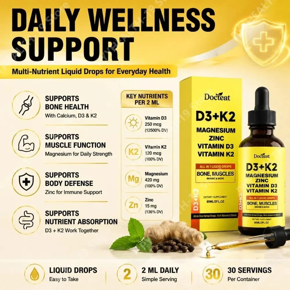 Docteat D3+K2 Liquid Drops with Magnesium Zinc & Vitamin D3 for Bone Health & Muscle Function Wellness Support Adults 60 ML