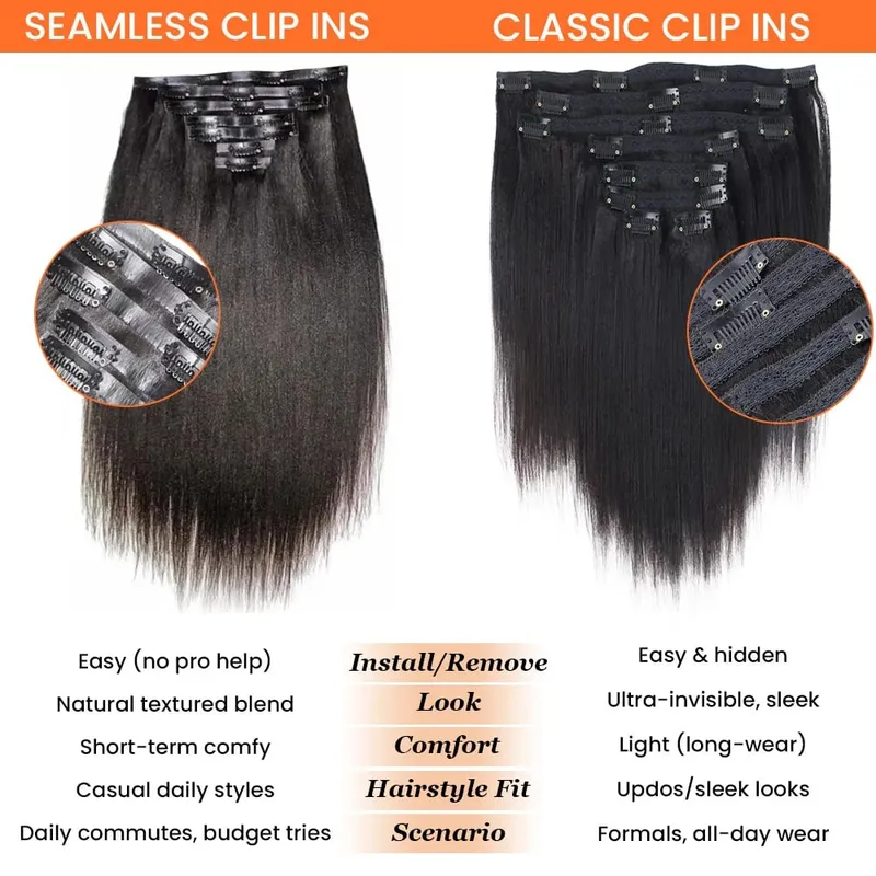 Seamless Light Yaki Straight PU Clips In Human Hair Extensions Natural Color Invisible Weft In Brazilian Remy Human Hair 110G — image 5