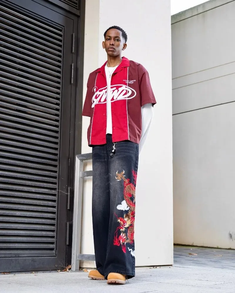 Y2K Baggy Jeans Dragon Graffiti Embroidery High Waist Men Women Vintage Streetwear 2000s Harajuku Casual Loose Wide Leg Jeans