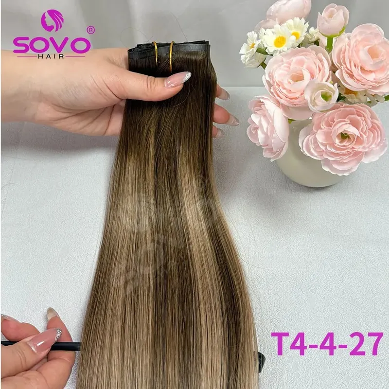 110G Tape PU Clip In Hair Premium Remy Clip In Human Hair Extensions 7pcs Clip-on Hair 14"-24" Balayage Ombre Mocha Brown Black