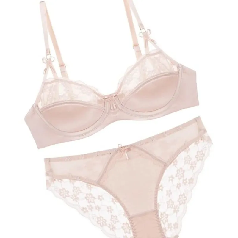 Women Thin French Half Cup Lace Bra Set Minimizer for Big Bust Push Up Anti-Sagging Side Support Comfort Sexy Daily Lingerie Set