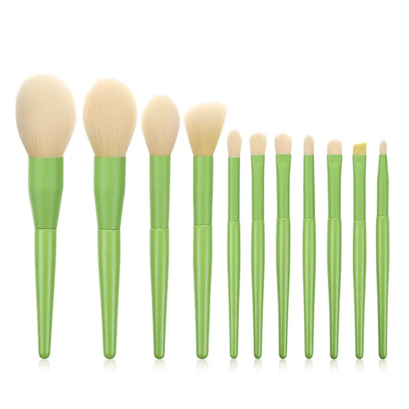 11Pcs Green Handle Makeup Brushes Soft Bristle For Powder Blush Foundation Eyeshadow Cosmetic Tools