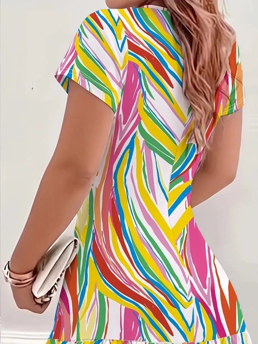 New Summer Women's Geometric Print Pattern Round Neck Short Sleeve Dress Comfortable Holiday Dress