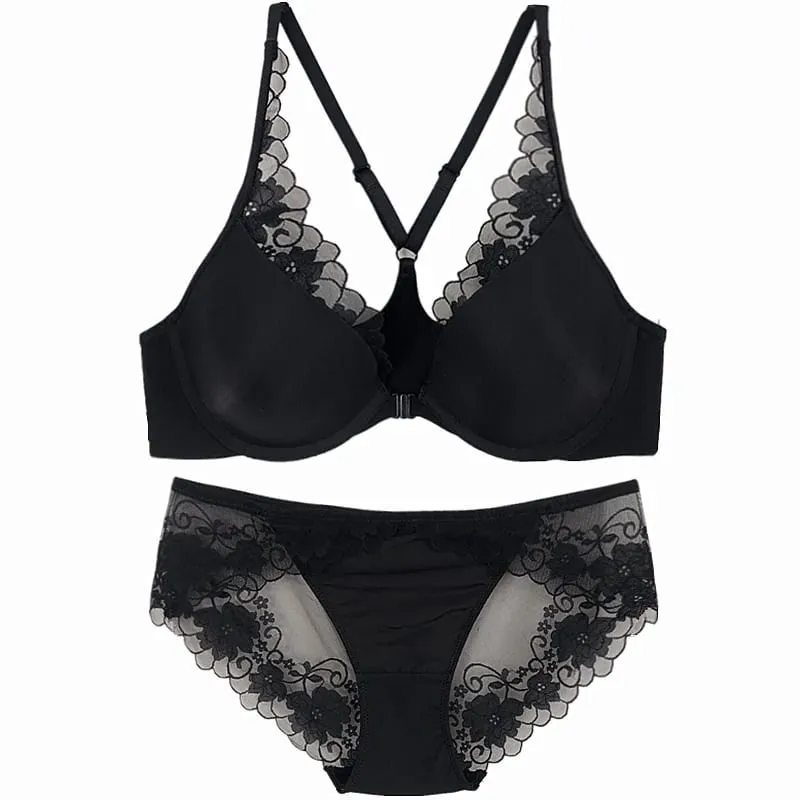 high quality sexy women bras and brief two piece set front closed push up lace A B C cup wire summer lingerie underwear black