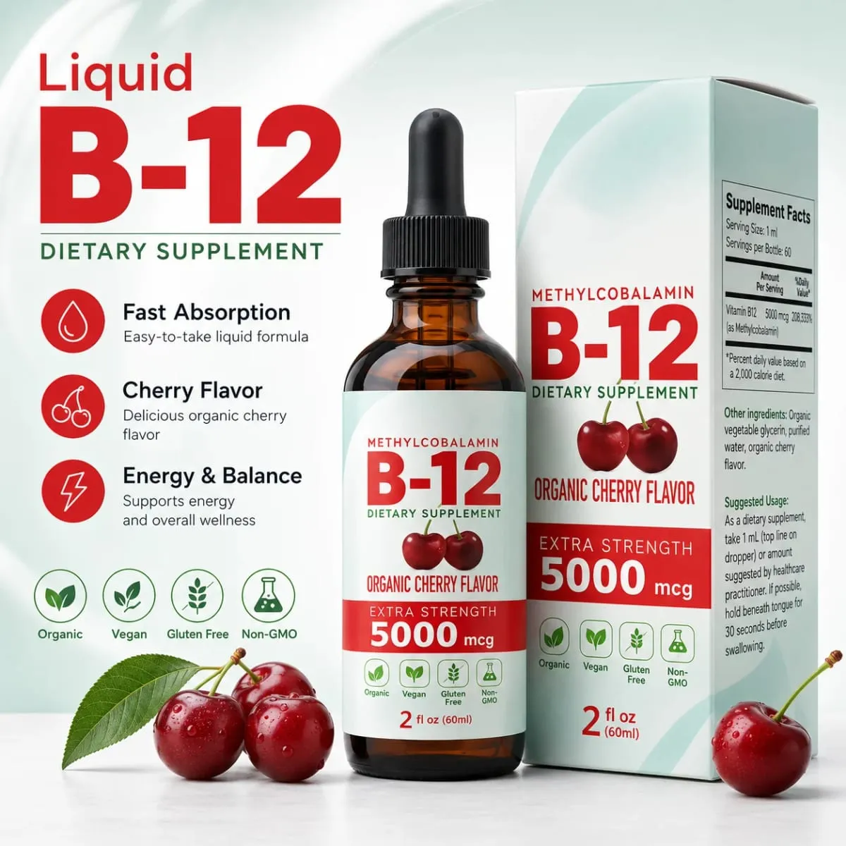 Vitamin B12 Drops 5000mcg Methylcobalamin Liquid Sublingual Supplement Cherry Flavor Vegan Sugar Free Daily Nutrition 60ml