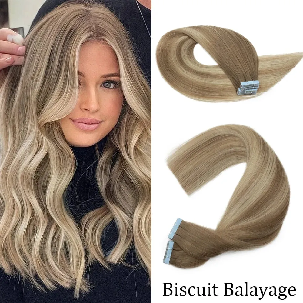 20pcs Women Natural Tape in Human Hair Extensions Remy Hair Adhesive Invisible Skin Weft Hair Straight Human Hair Extensions