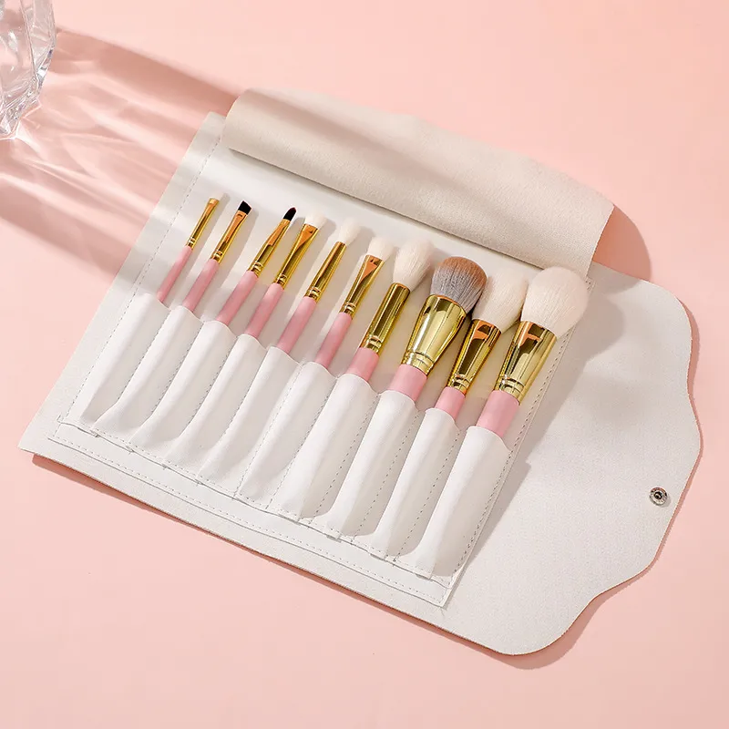 10pcs Pink Makeup Brushes Eyeshadow Brush Blush Liquid Foundation BB Cream Brushes Goat Hair Make Up Brushes Bag Cosmetic Tools