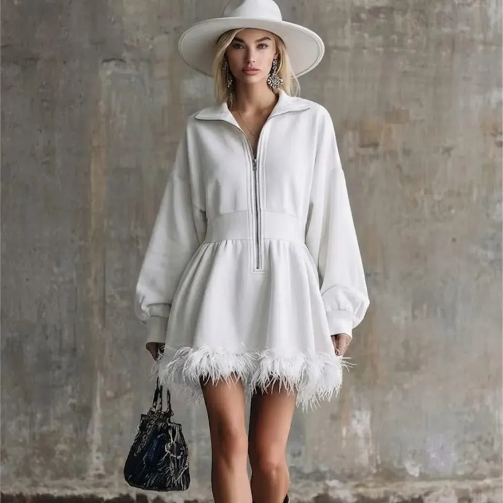 Fashion Dress Autumn Winter Casual Solid Color Simple Street Style Long Sleeved Zipper V-neck Feather Edge Cinched Waist Dresses