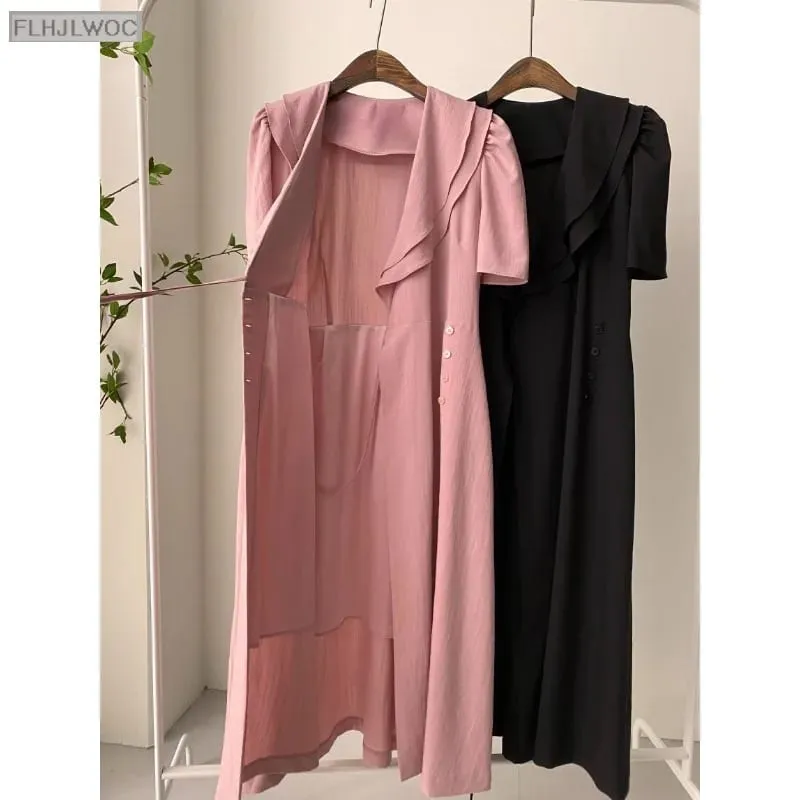 South Korea Chic Midi Dress Women Summer Japan Style Retro Vintage Design Ruffles Pink One-Piece Lace-Up Dress FLHJLWOC Vestidos