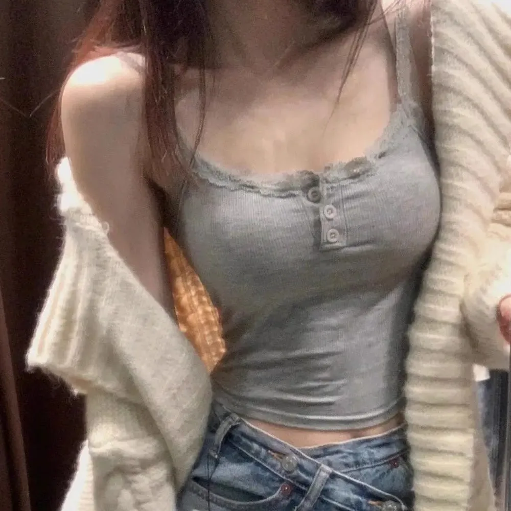 Y2K Lace Trim Spaghetti Strap Cami Top Button?Front Ribbed Knit Slim Fit Sleeveless Crop Camisole Women Casual Basic Tank Top