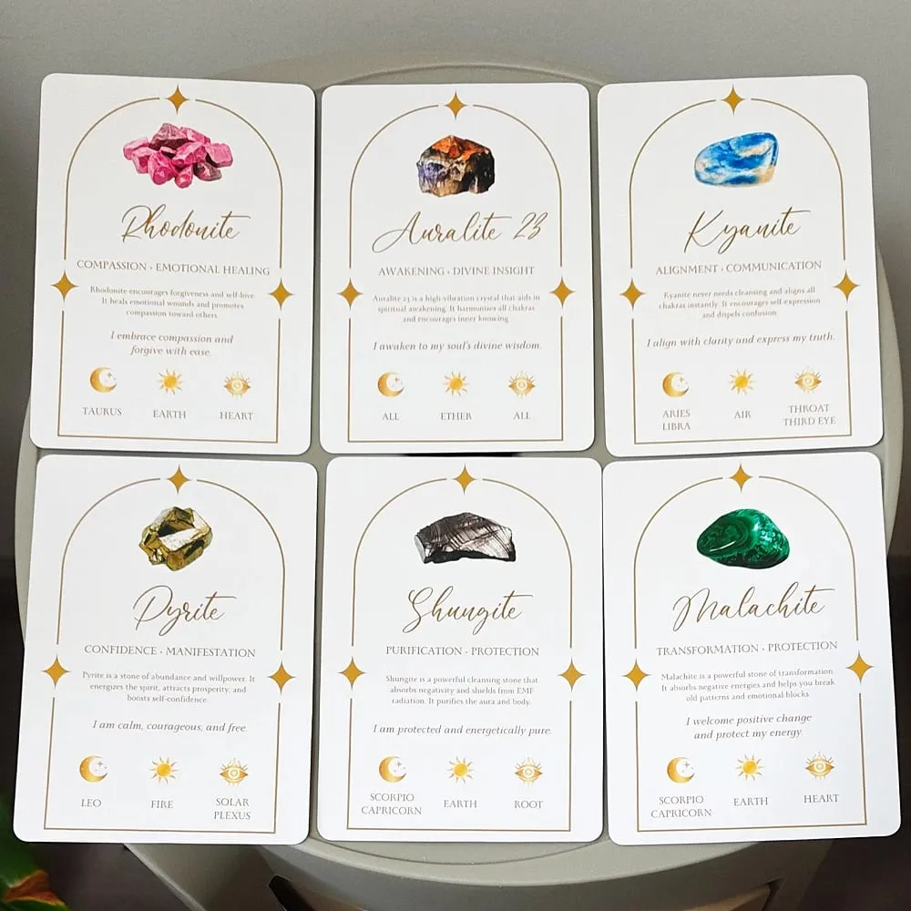 Soul Stones Crystal Oracle Deck、51 Healing Affirmation Cards in Tin Box with Guidebook 11.5*8cm Chakra Zodiac Element Cards