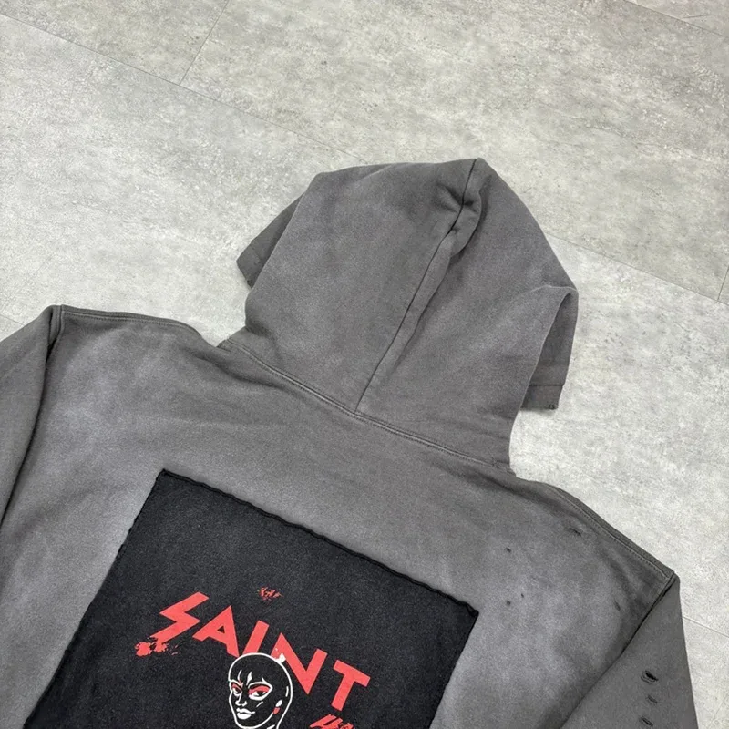 25FW Washed Grey SAINT Hoodies Men Woman Oversize Streetwear Damaged Hooded Pullovers Graphic Print Sweatshirts
