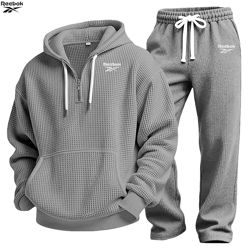 2026 Reebok Brand Spring-Autumn Men's Hooded Sweatshirt Set - Retro Solid Color Loose Fit Street Style Half-Zip Hooded Shirt - C
