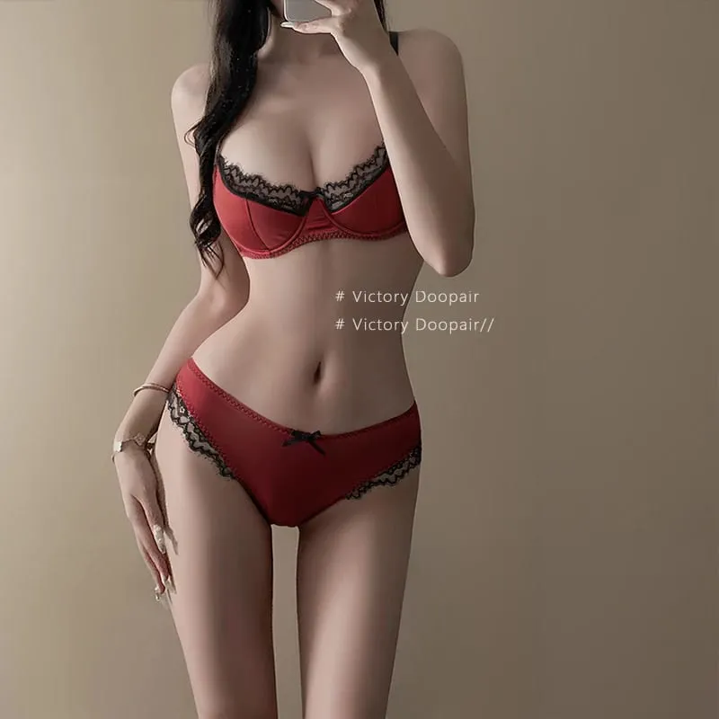 Elegant Red Satin Lingerie Set Zodiac Inspired Bra Small Chest Push Up Gathers Anti Sagging Sensual Lace Bralette Women Tushy