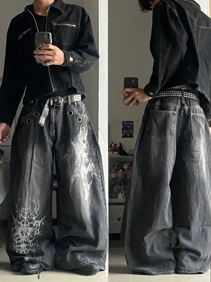 Y2K Vintage Gothic High Street Denim Black Wash Gradient Spine Spider Lily Print Wide Leg Jeans